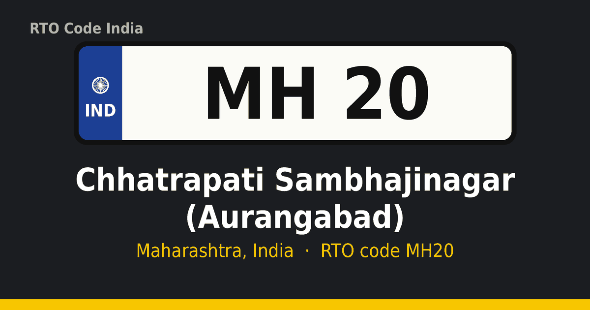 MH20 आरटीओ नंबर प्लेट – Chhatrapati Sambhajinagar (Aurangabad), महाराष्ट्र